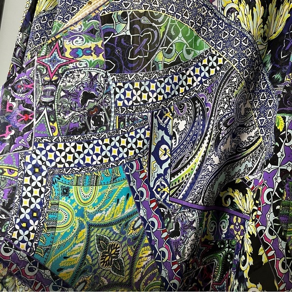 Chico's Vibrant Purple & Yellow Patterned Kimono Top Size L/XL Handkerchief Hem - Picture 4 of 8